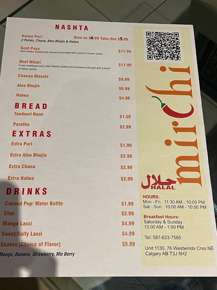 Menu, Mirchi Restaurant Authentic Pakistani Cuisine