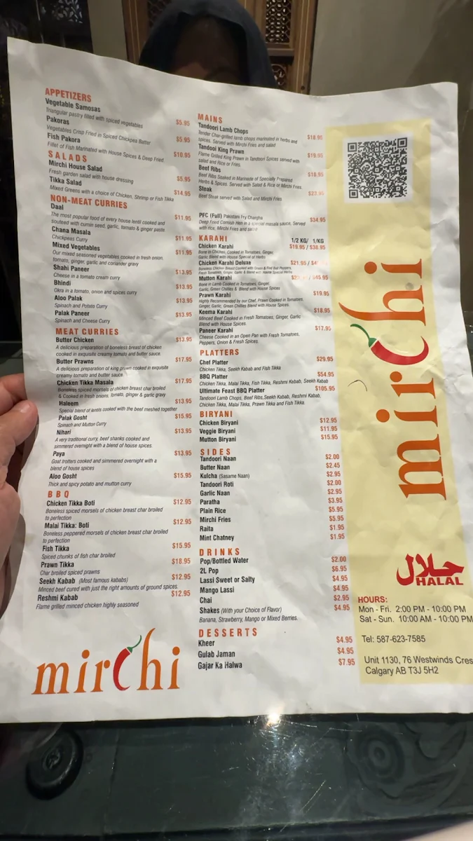 Menu, Mirchi Restaurant Authentic Pakistani Cuisine