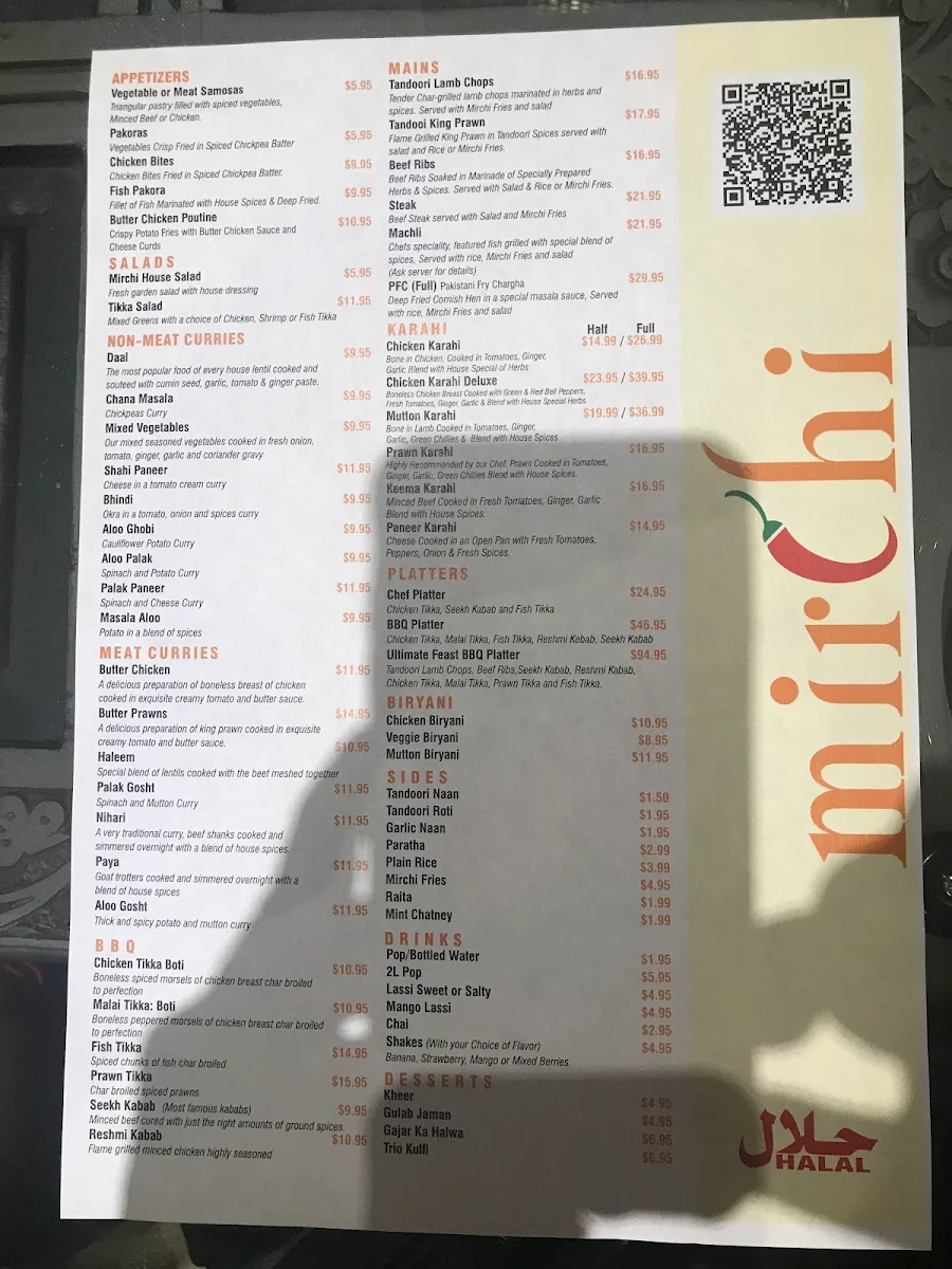 Menu, Mirchi Restaurant Authentic Pakistani Cuisine