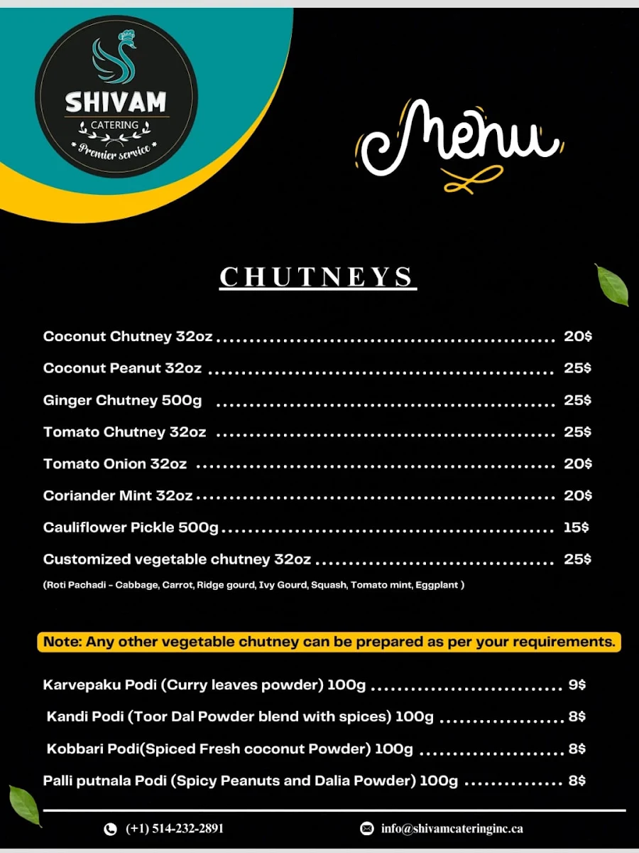 Menu, Shivam Take Away ,Catering and Tiffin Service