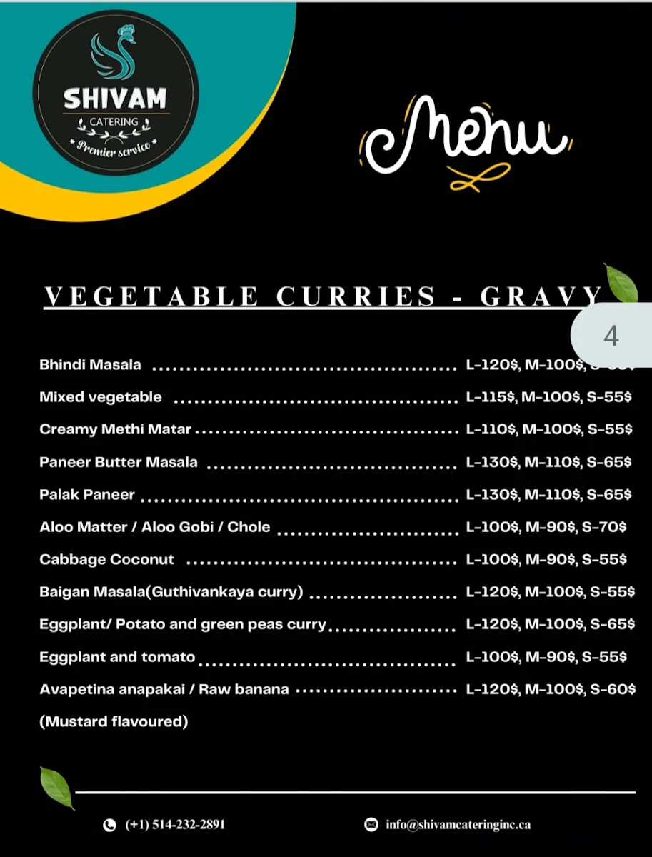 Menu, Shivam Take Away ,Catering and Tiffin Service