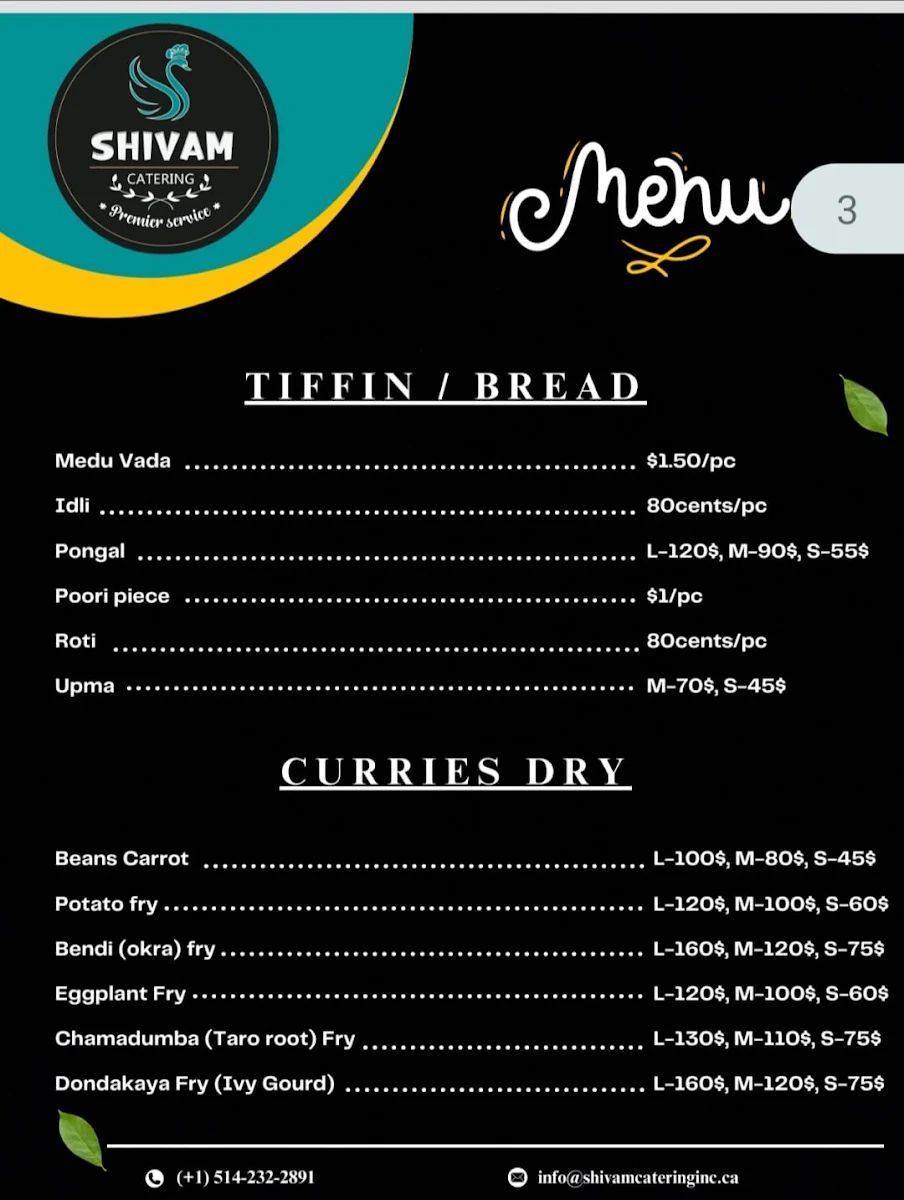 Menu, Shivam Take Away ,Catering and Tiffin Service