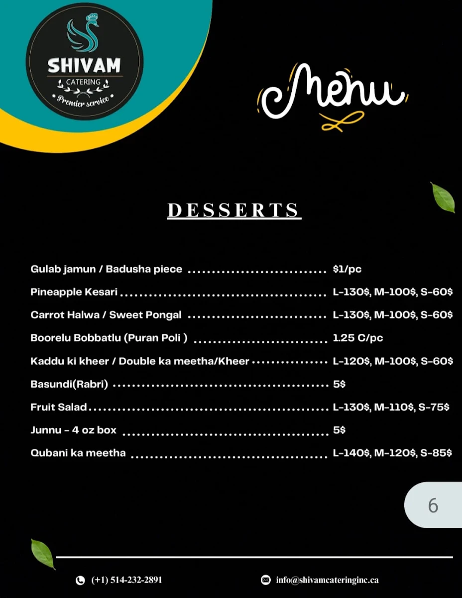 Menu, Shivam Take Away ,Catering and Tiffin Service