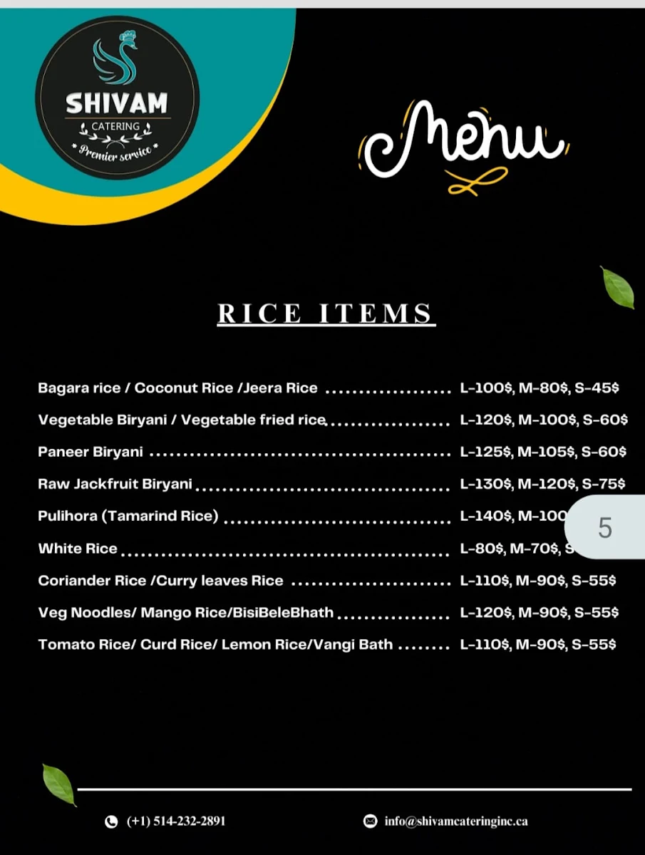 Menu, Shivam Take Away ,Catering and Tiffin Service