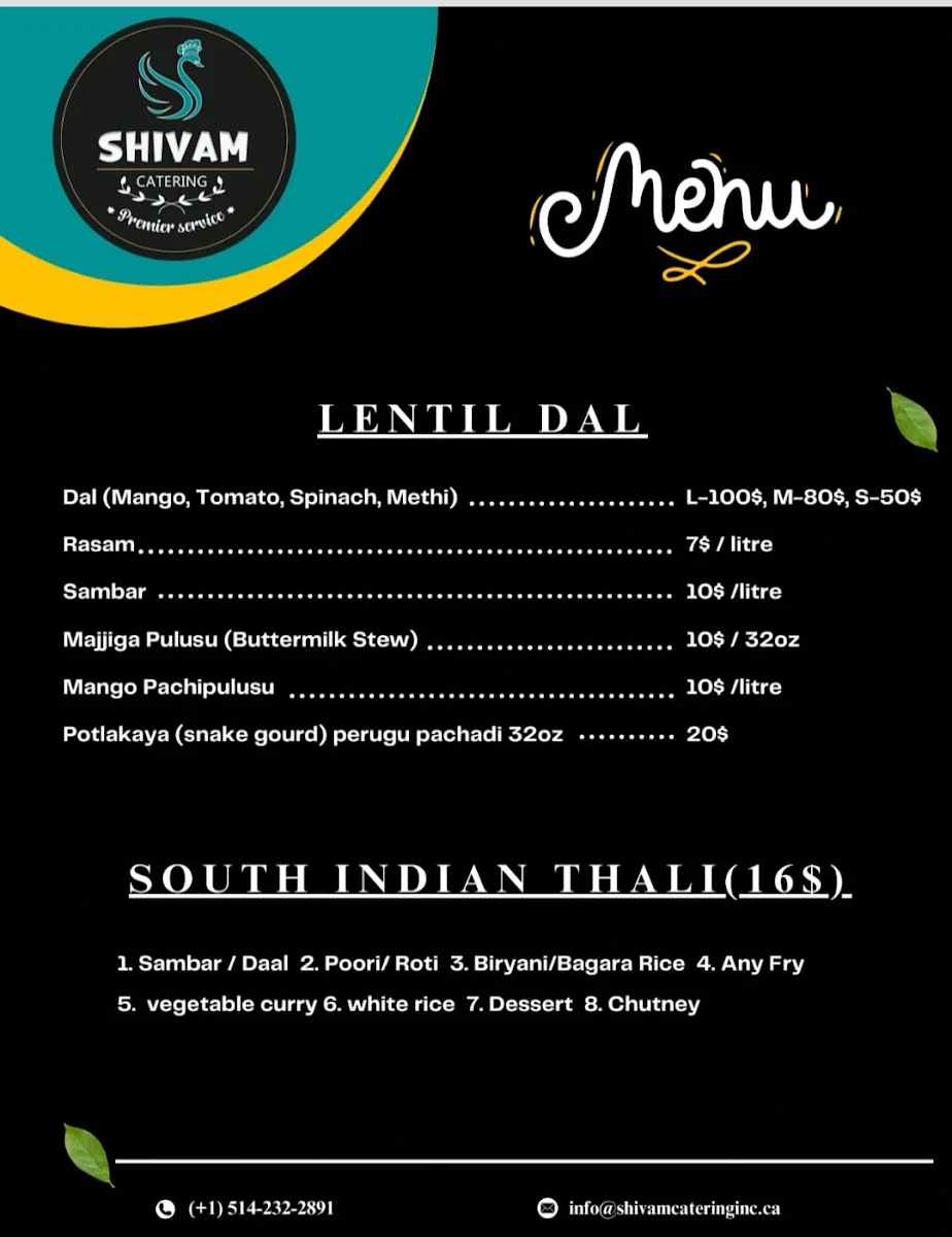 Menu, Shivam Take Away ,Catering and Tiffin Service