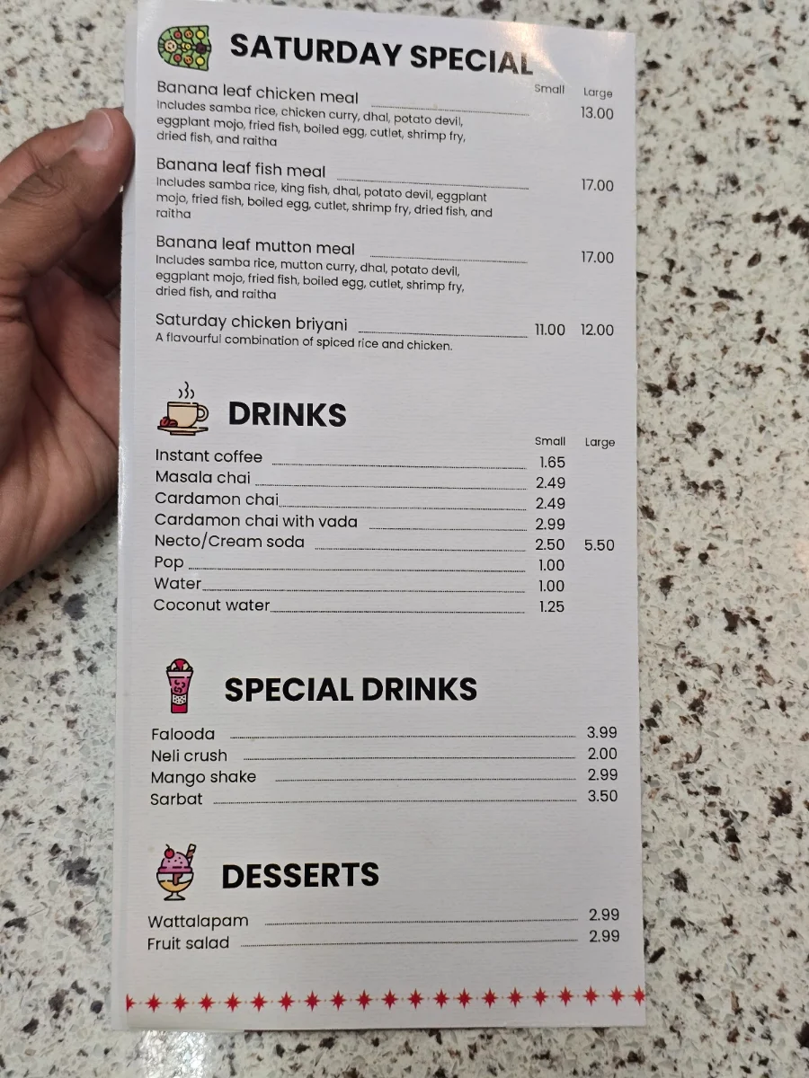 Menu, Iniya's Kitchen