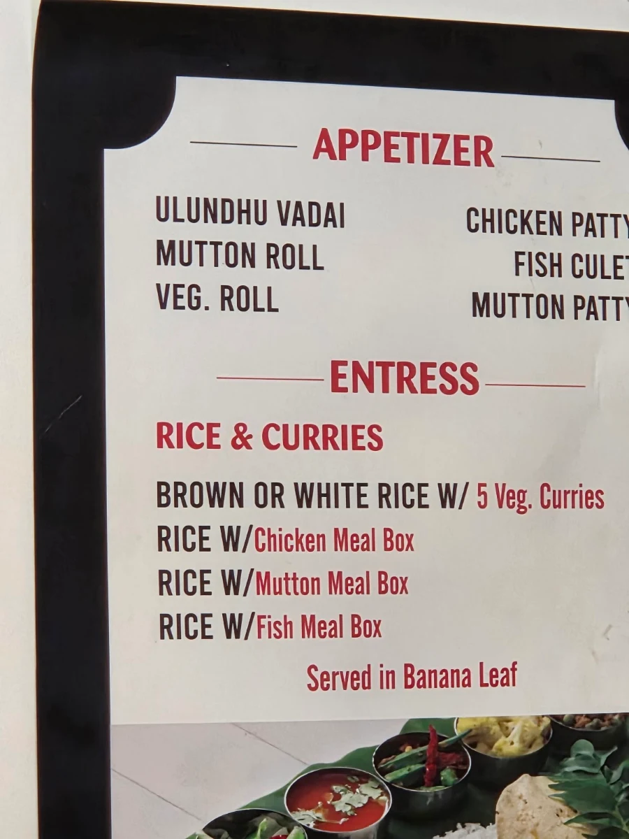 Menu, Iniya's Kitchen