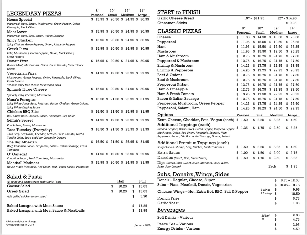 Menu, Campus Pizza