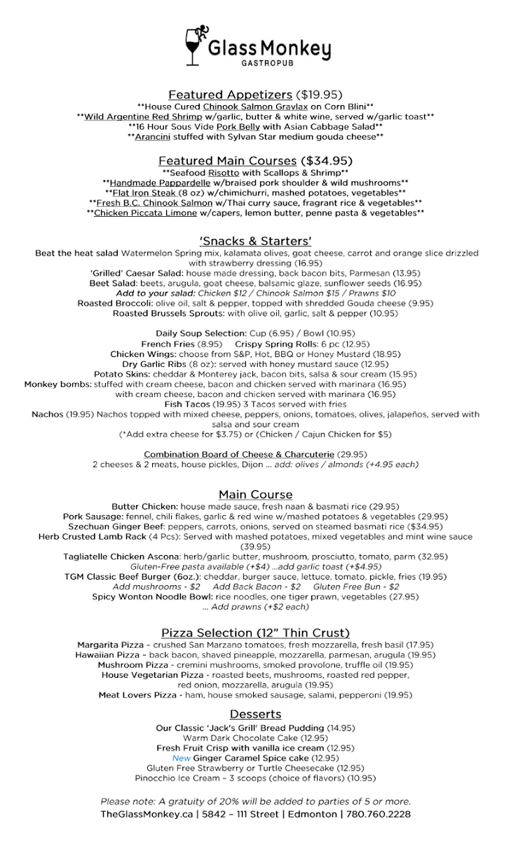 Menu, The Glass Monkey