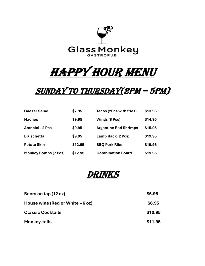 Menu, The Glass Monkey