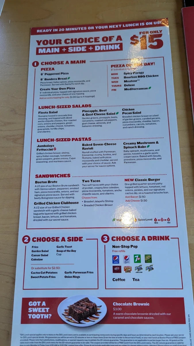 Menu, Boston Pizza