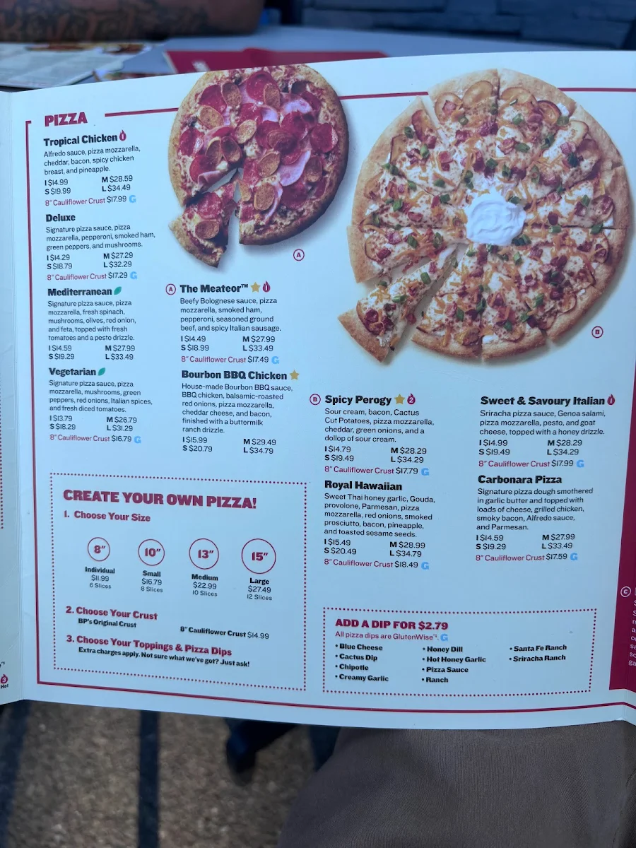 Menu, Boston Pizza
