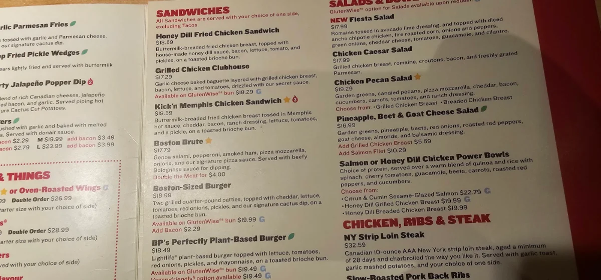 Menu, Boston Pizza