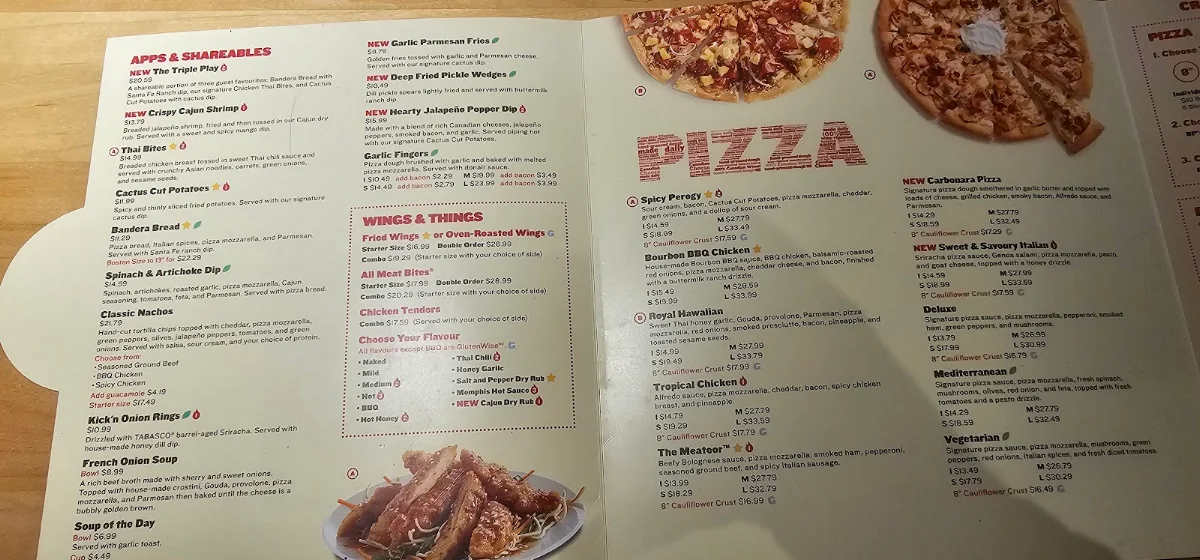 Menu, Boston Pizza