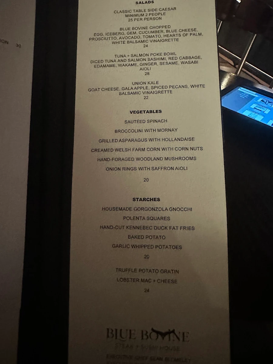 Menu, Blue Bovine Steak + Sushi House
