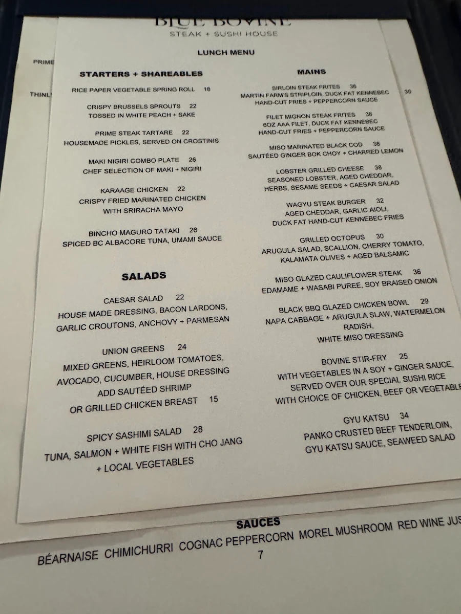 Menu, Blue Bovine Steak + Sushi House