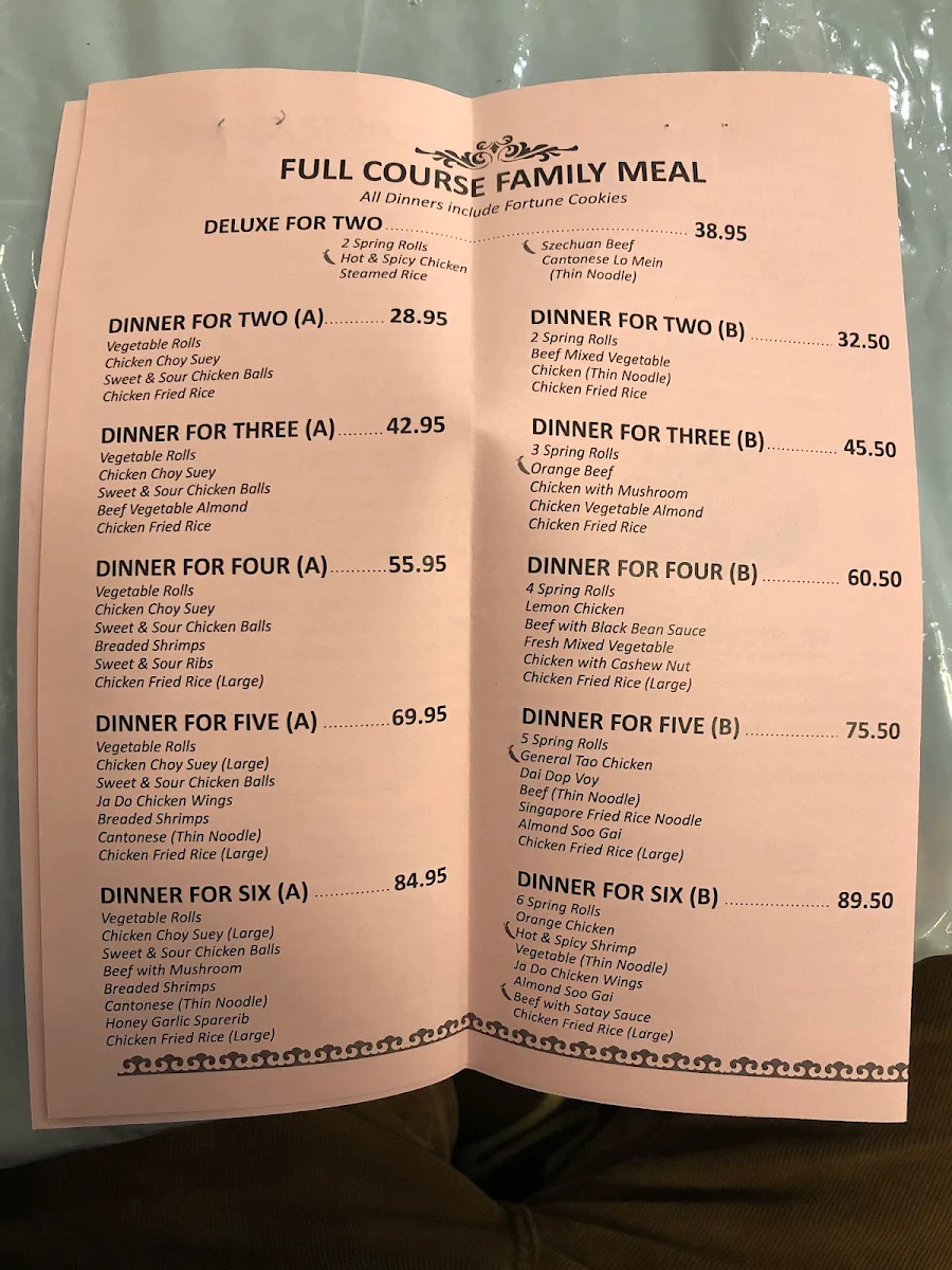 Menu, Crystal Dynasty Restaurant