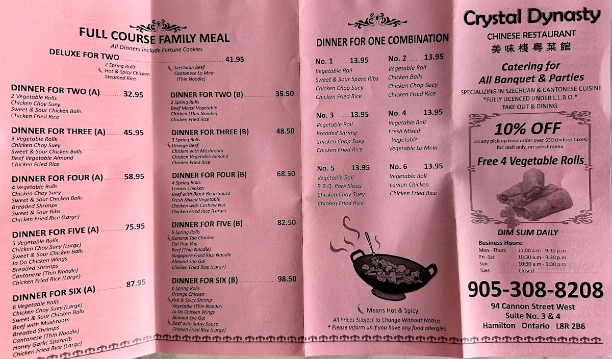 Menu, Crystal Dynasty Restaurant
