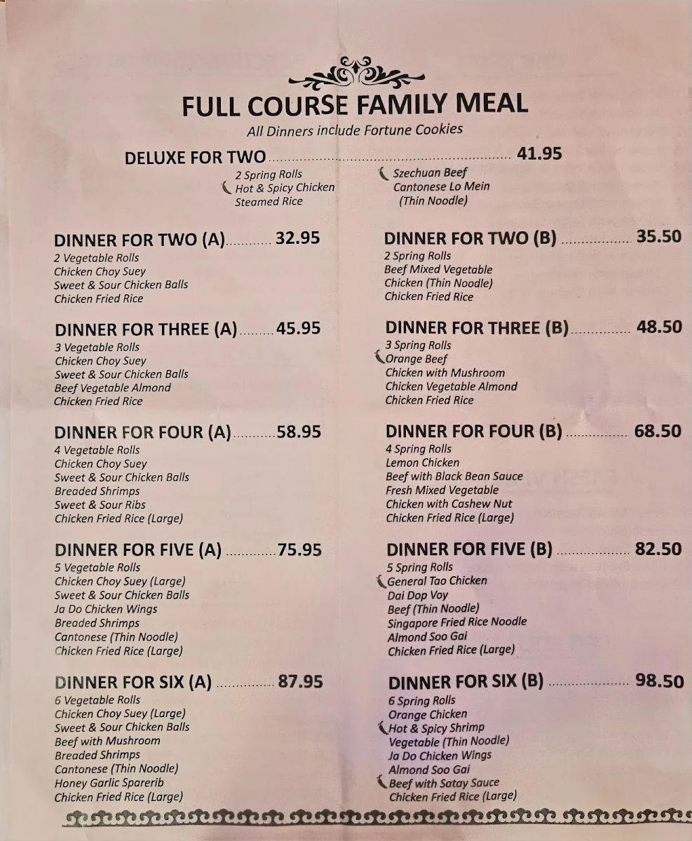 Menu, Crystal Dynasty Restaurant