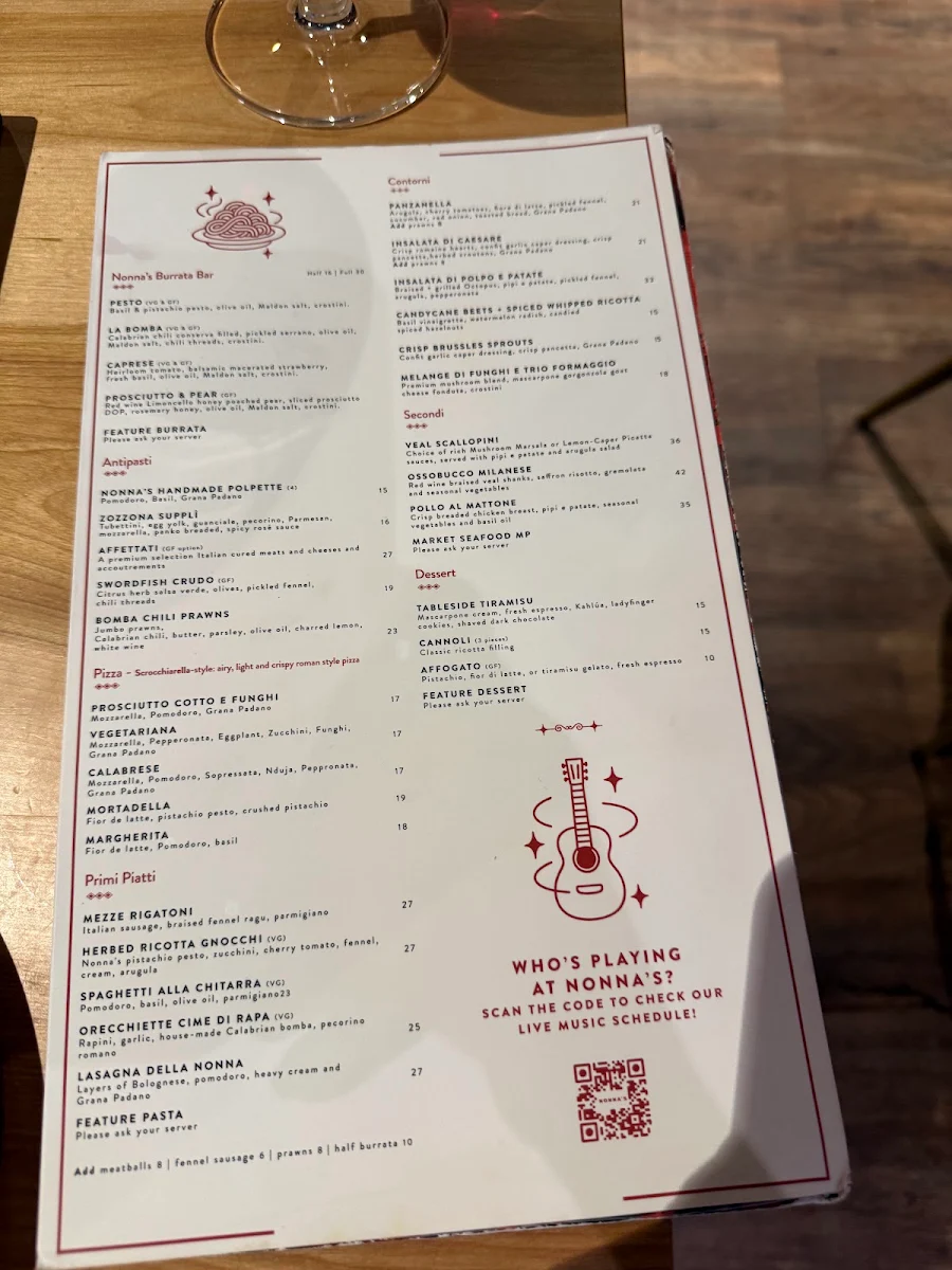 Menu, Nonna’s “Italian Street Food”