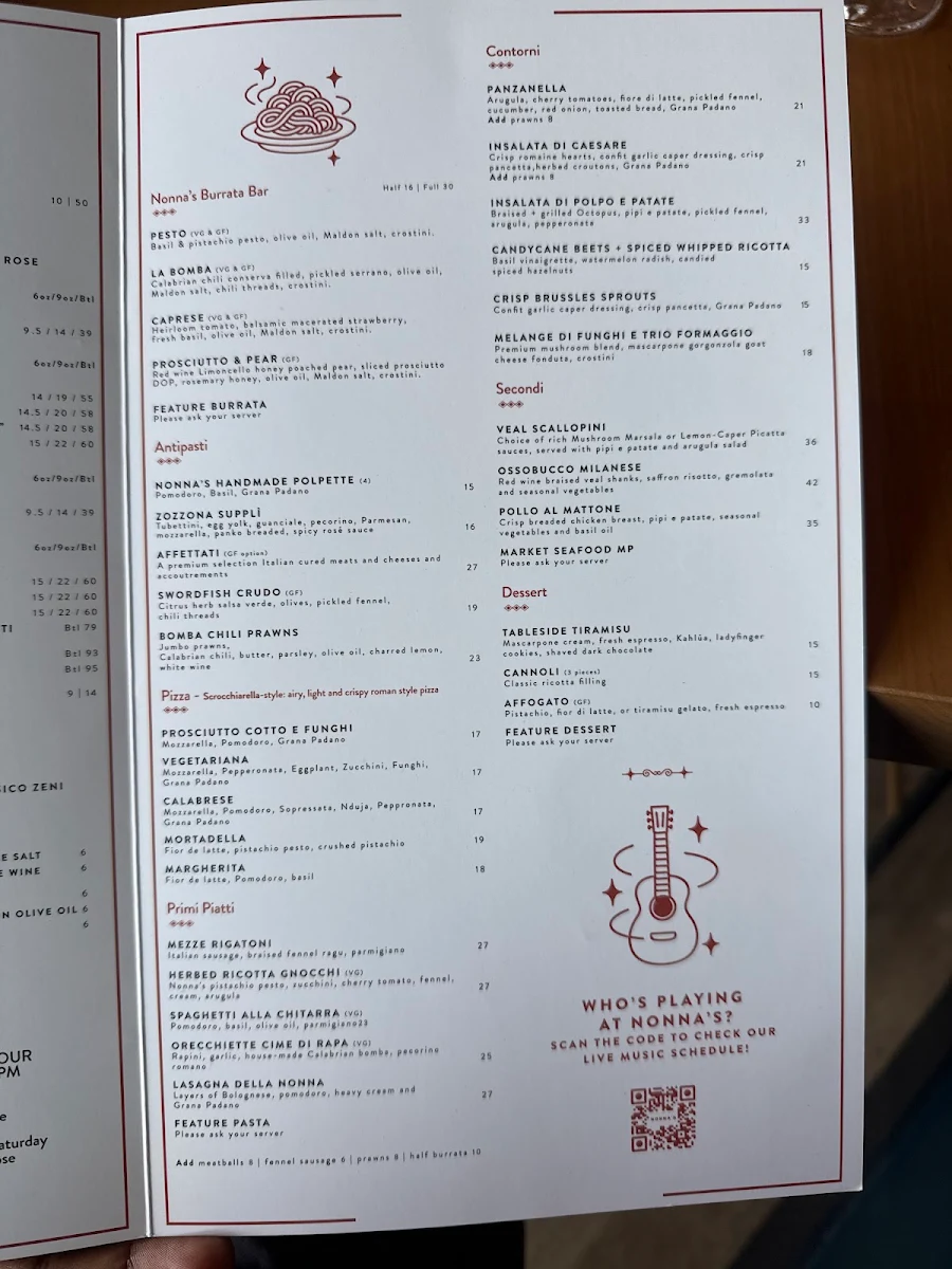 Menu, Nonna’s “Italian Street Food”