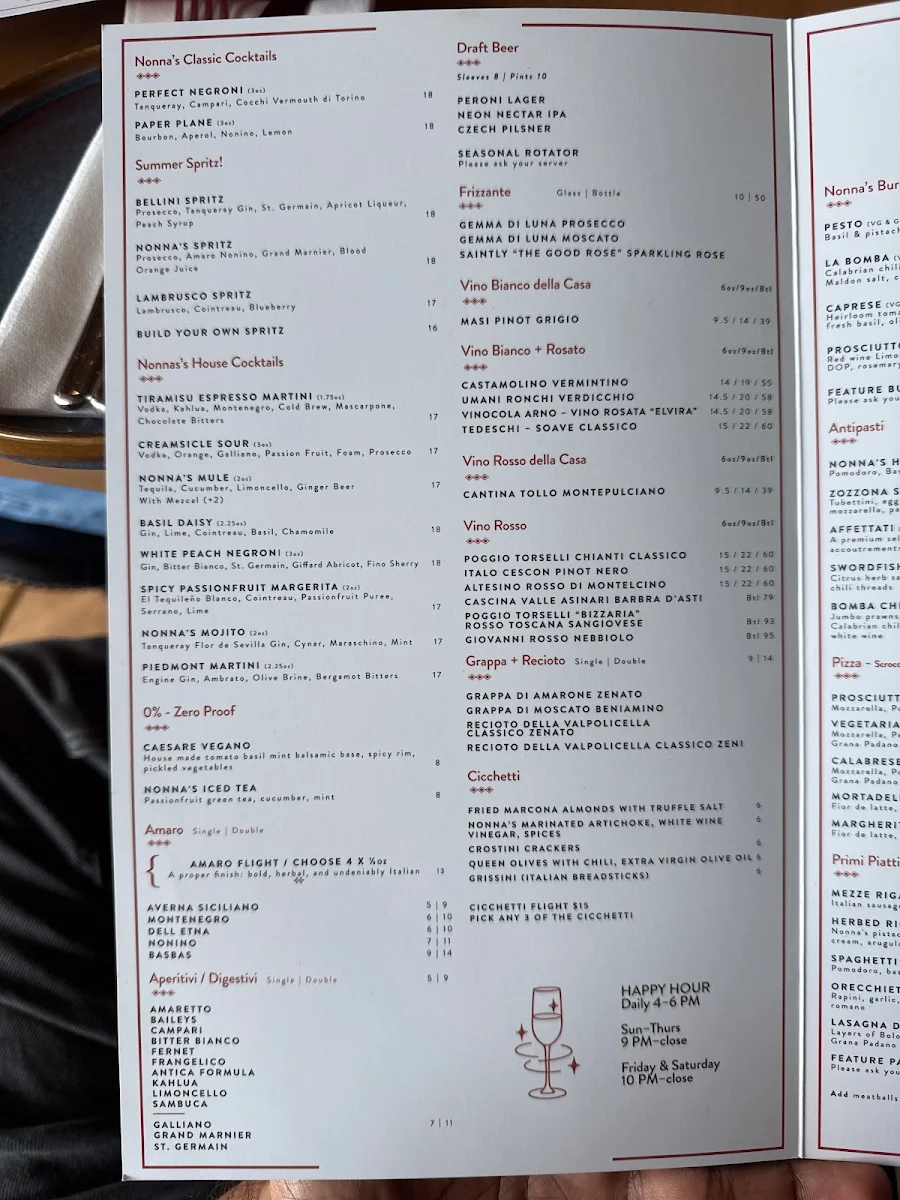 Menu, Nonna’s “Italian Street Food”