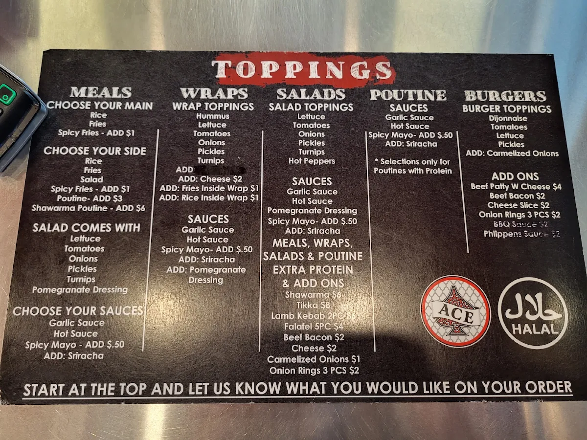 Menu, Ace Shawarma & Burgers