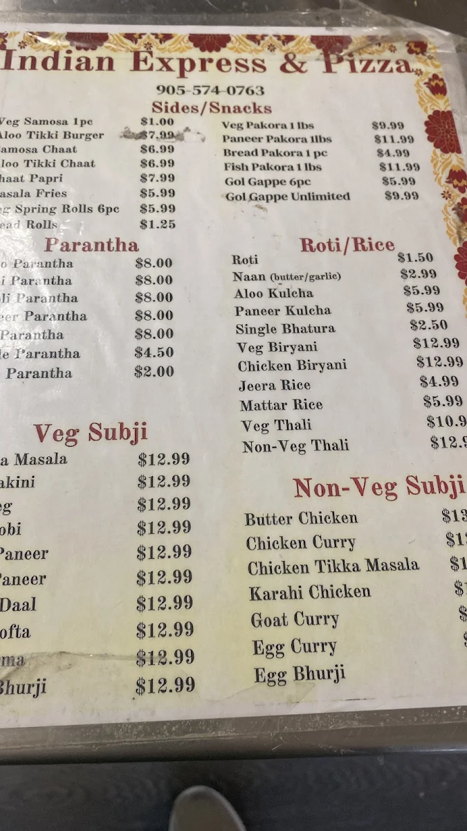 Menu, Indian Express