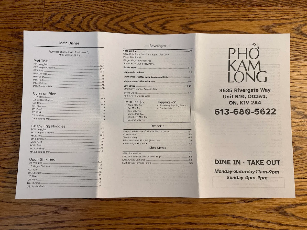 Menu, Pho Kam Long Restaurant