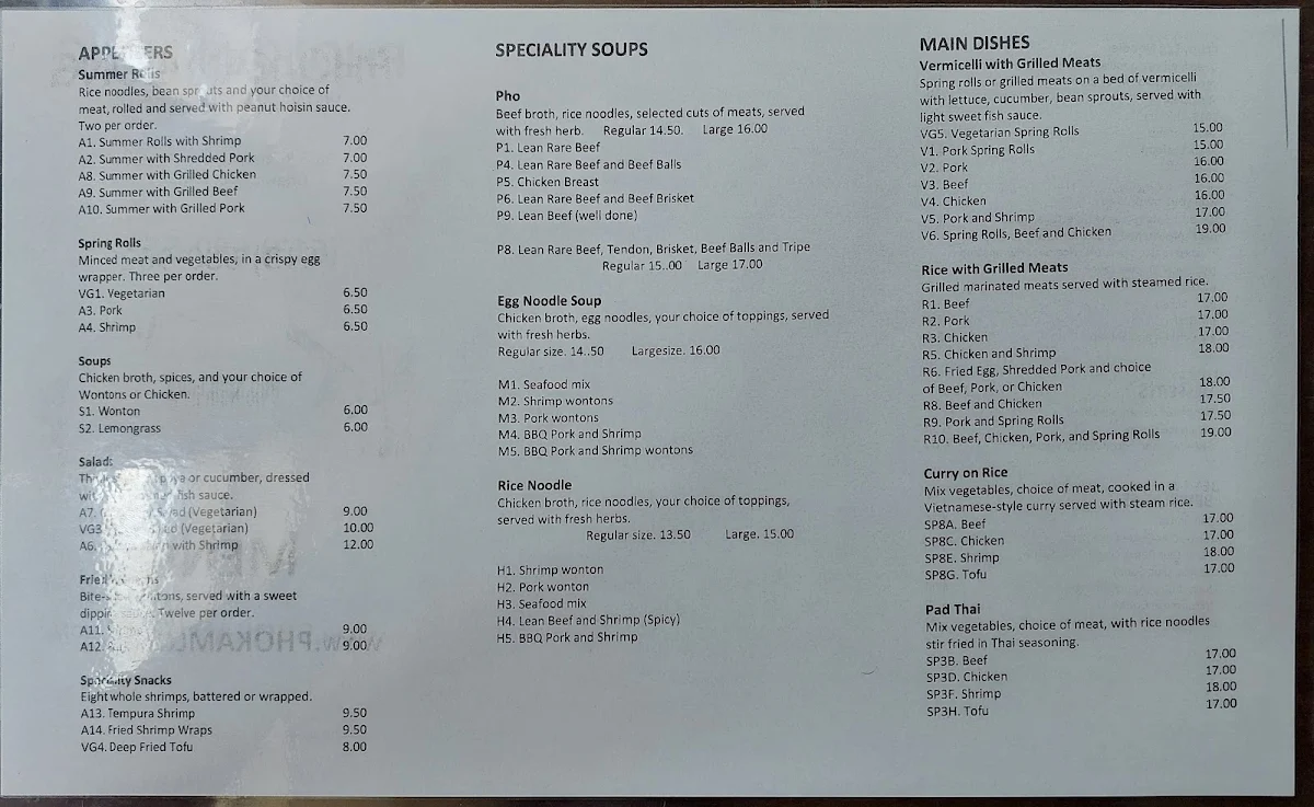 Menu, Pho Kam Long Restaurant