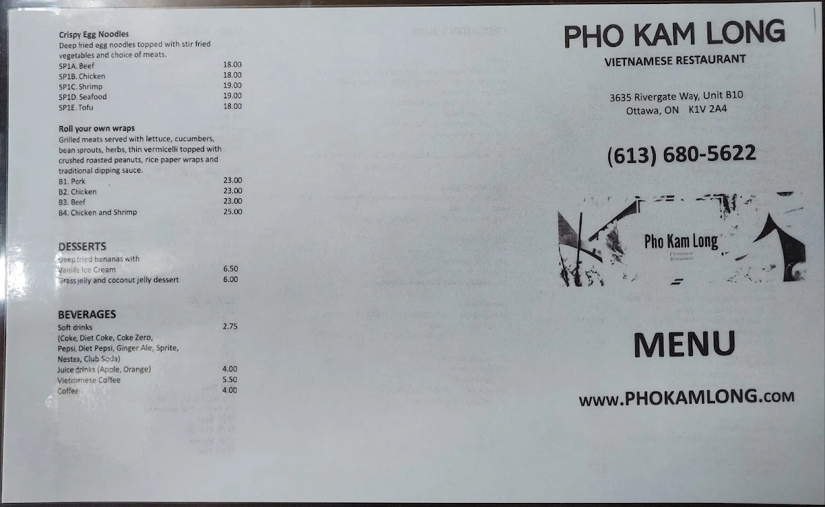 Menu, Pho Kam Long Restaurant