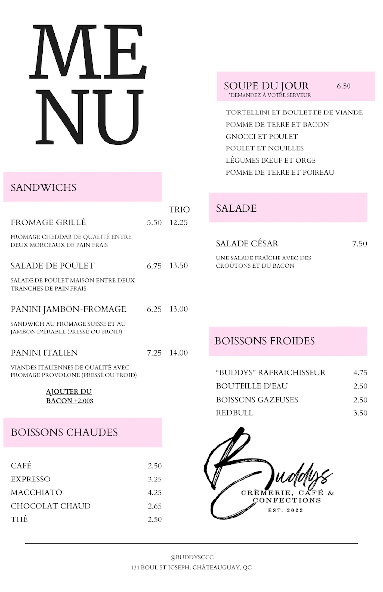 Menu, Crèmerie Buddys café et confections