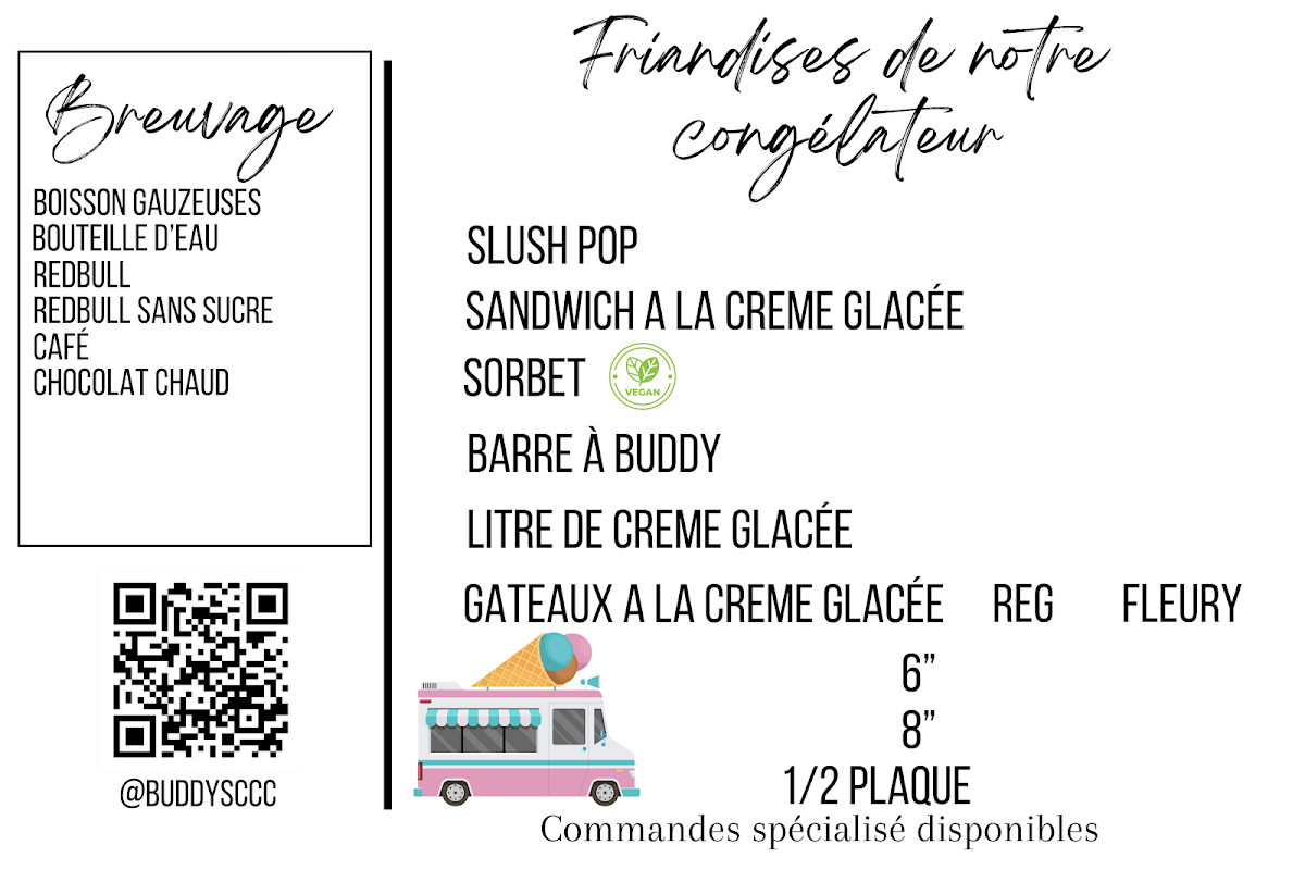 Menu, Crèmerie Buddys café et confections