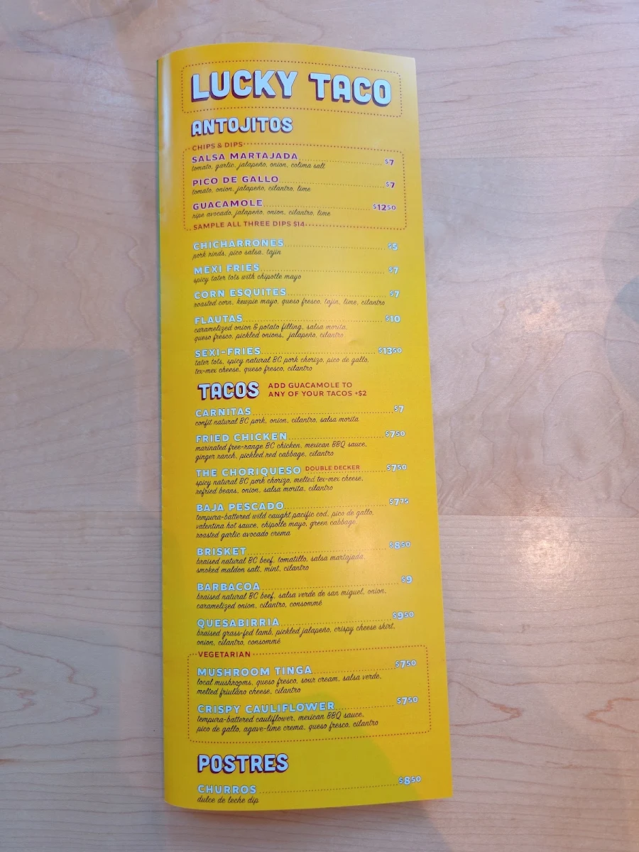 Menu, Lucky Taco