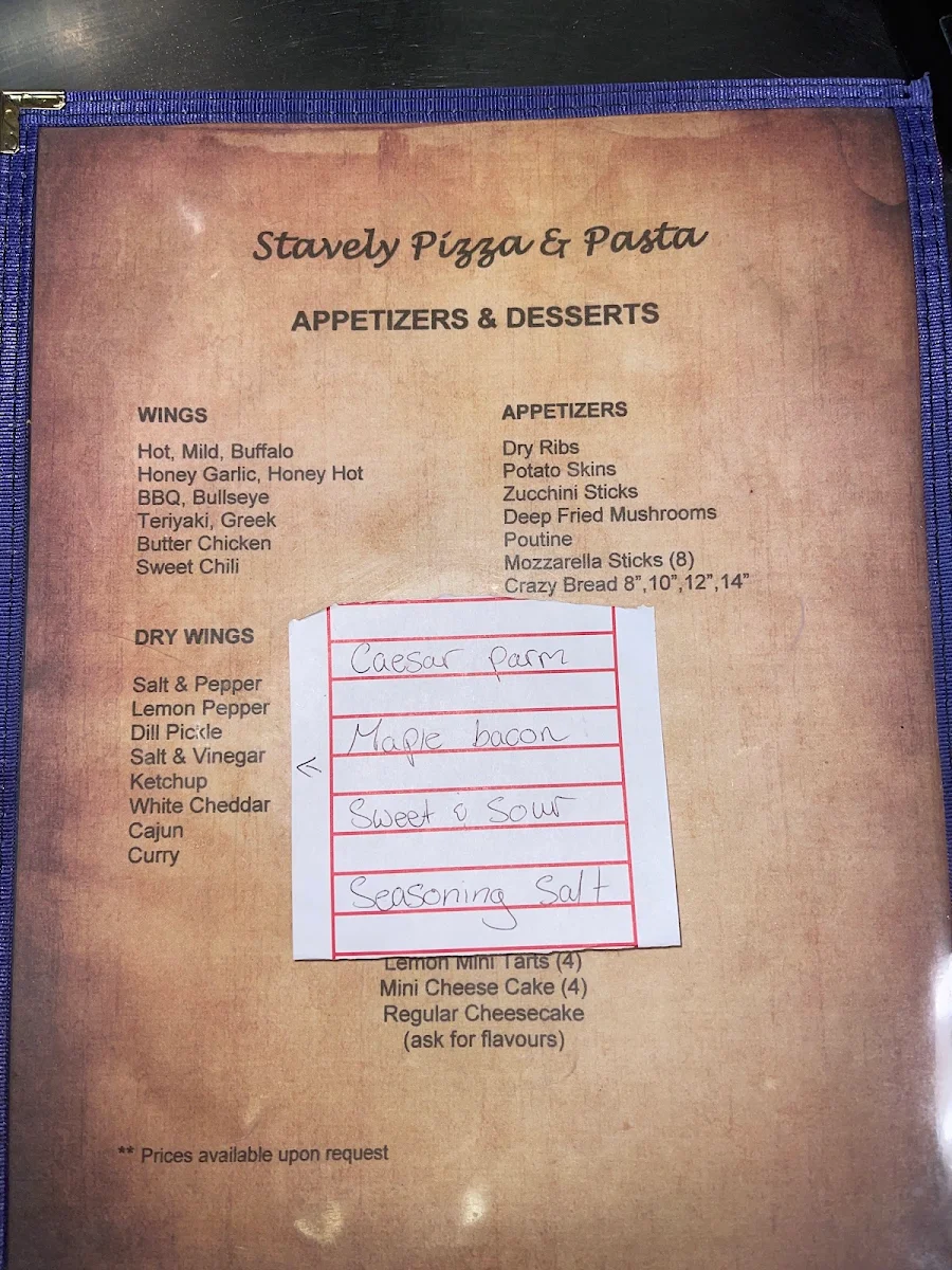 Menu, stavely’s pizza and pasta