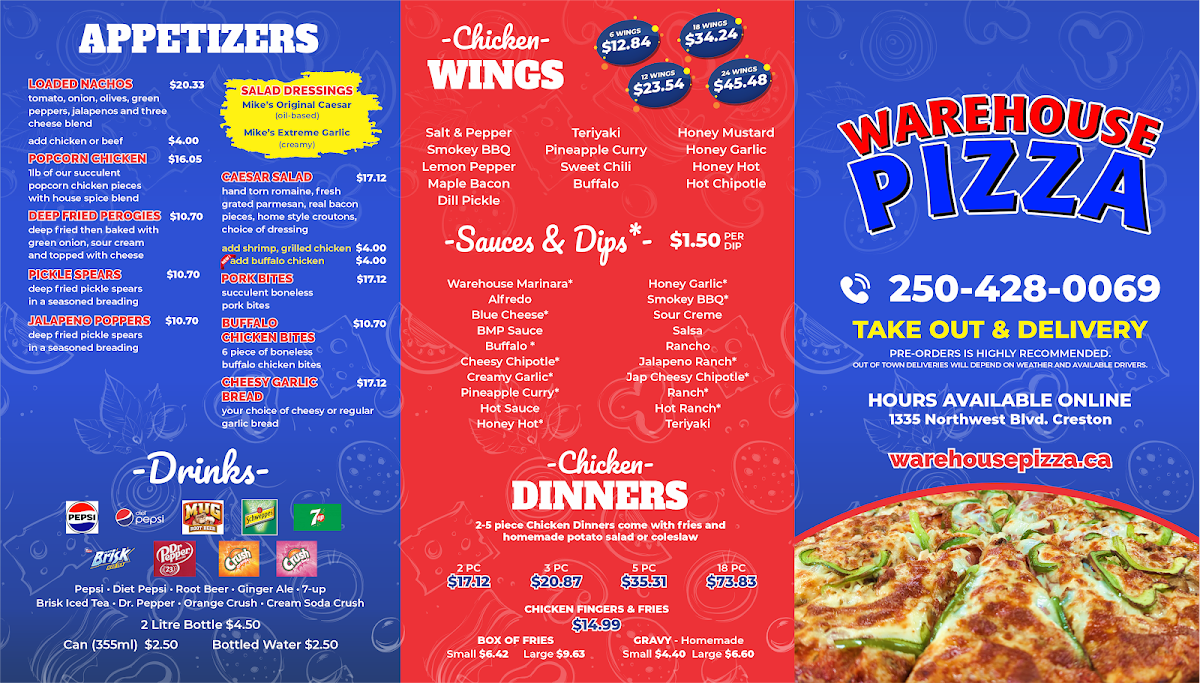 Menu, Warehouse Pizza