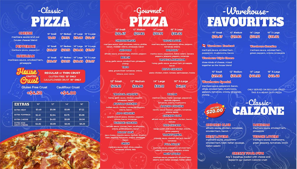Menu, Warehouse Pizza