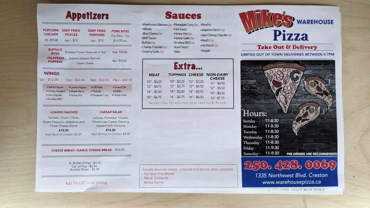 Menu, Warehouse Pizza