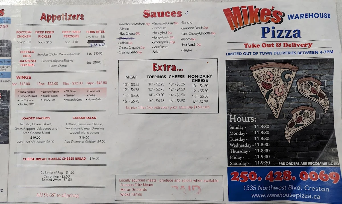 Menu, Warehouse Pizza