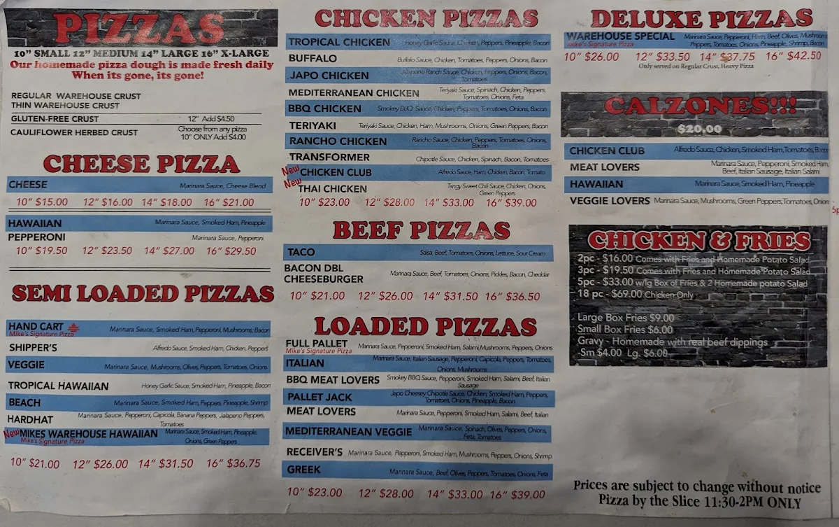 Menu, Warehouse Pizza