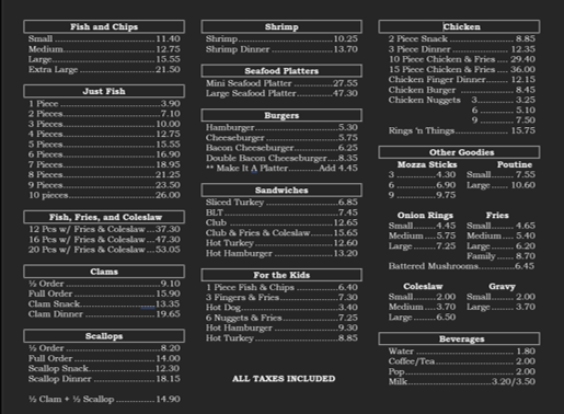 Menu, Andrew's Fish & Chips