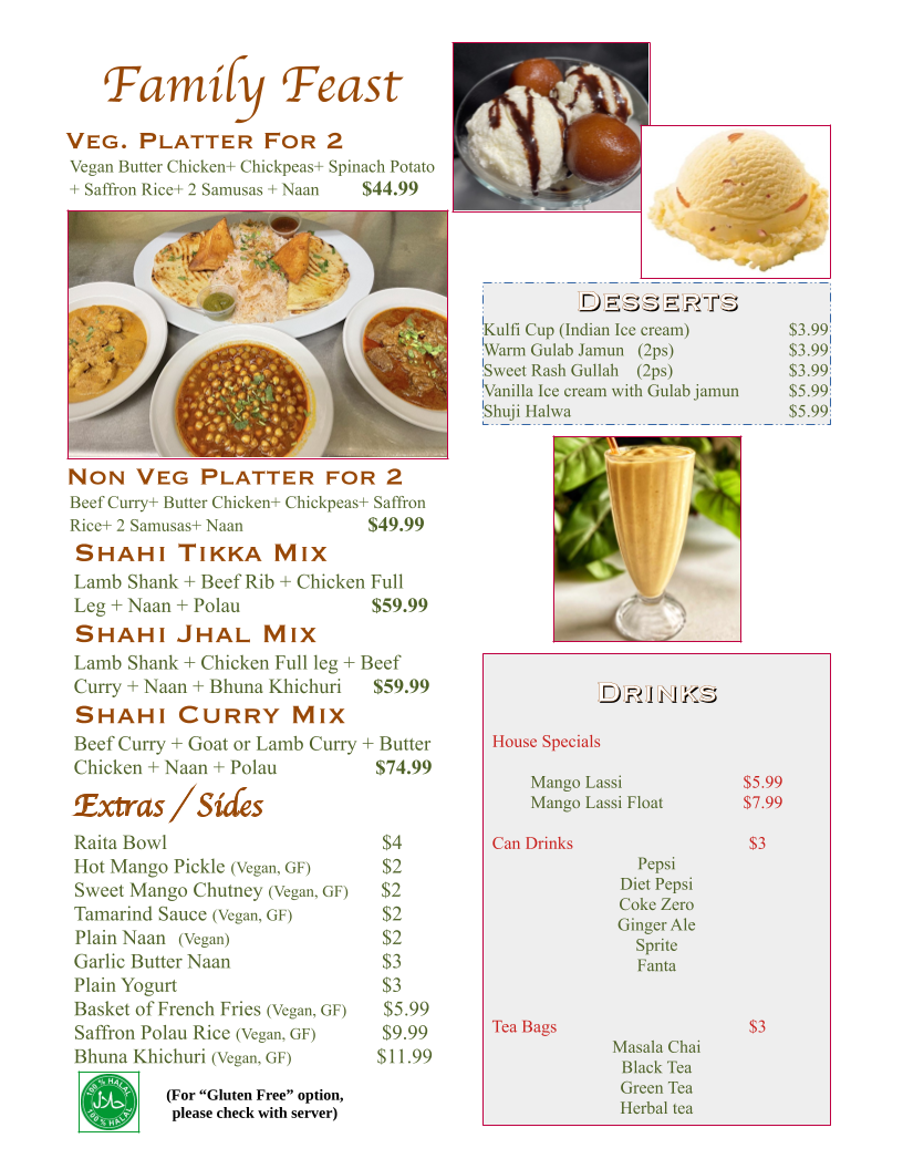 Menu, NJ's Kitchen Bangladeshi Restaurant