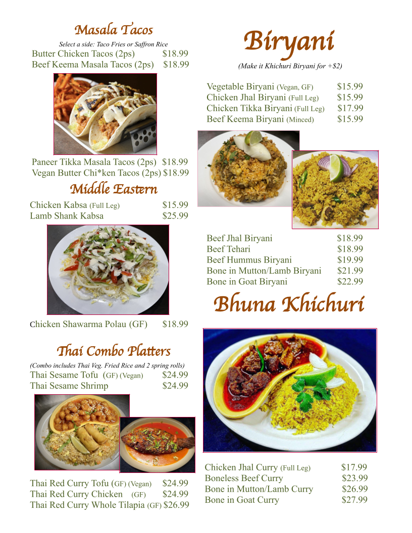 Menu, NJ's Kitchen Bangladeshi Restaurant