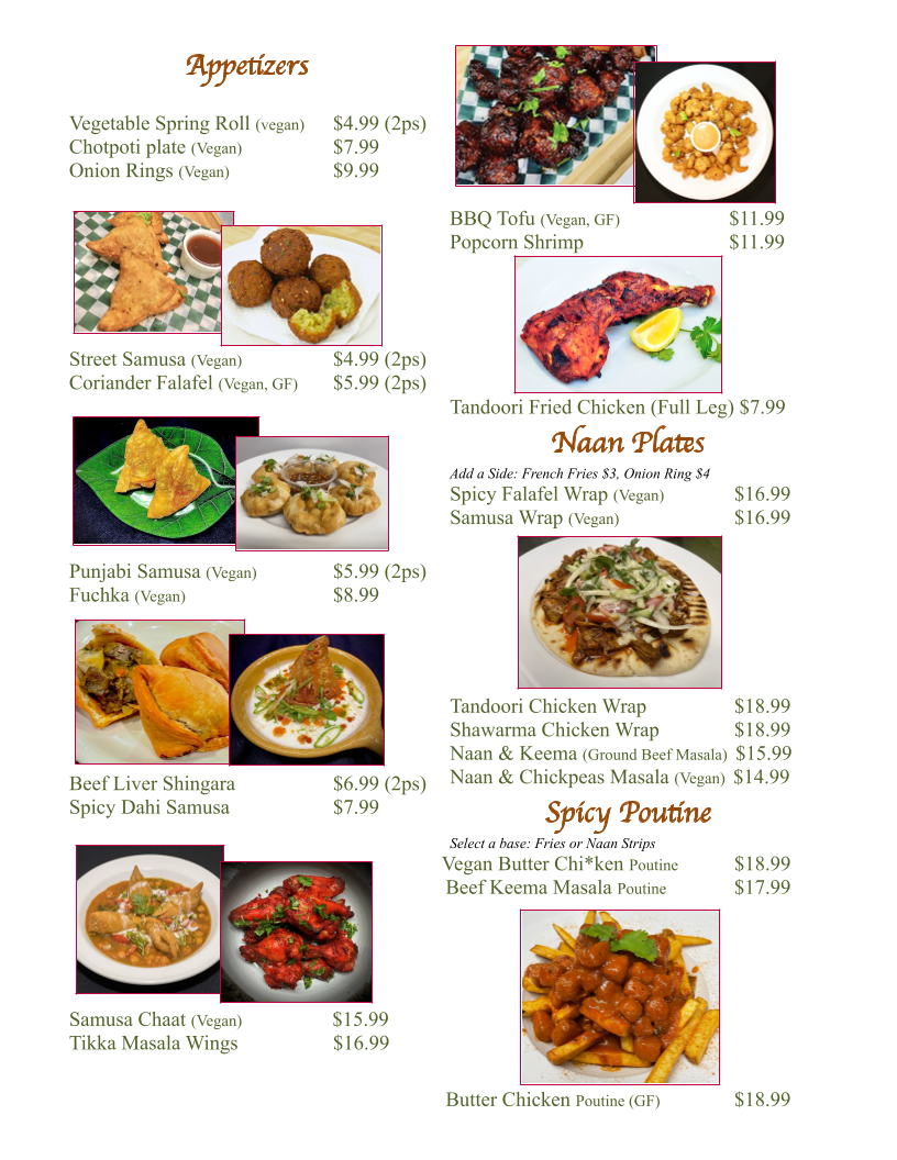 Menu, NJ's Kitchen Bangladeshi Restaurant
