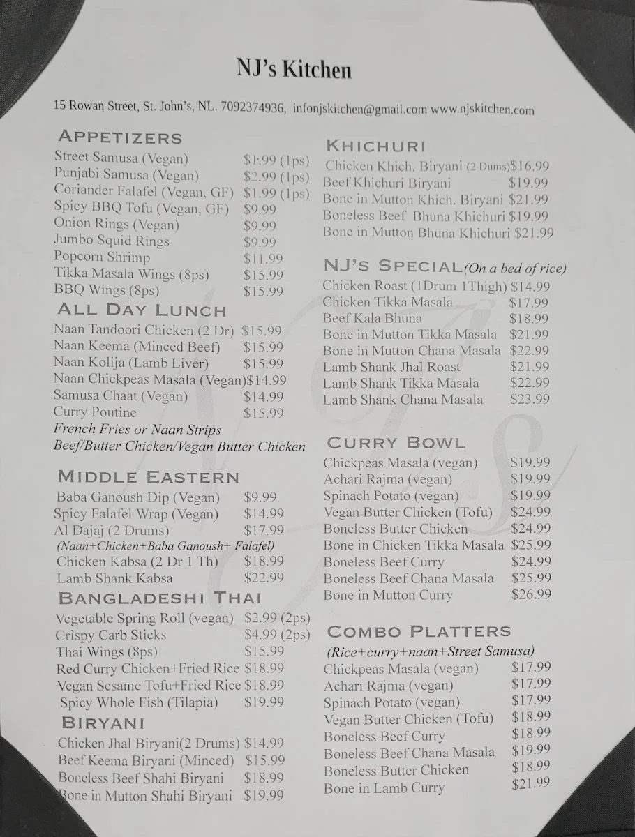 Menu, NJ's Kitchen Bangladeshi Restaurant