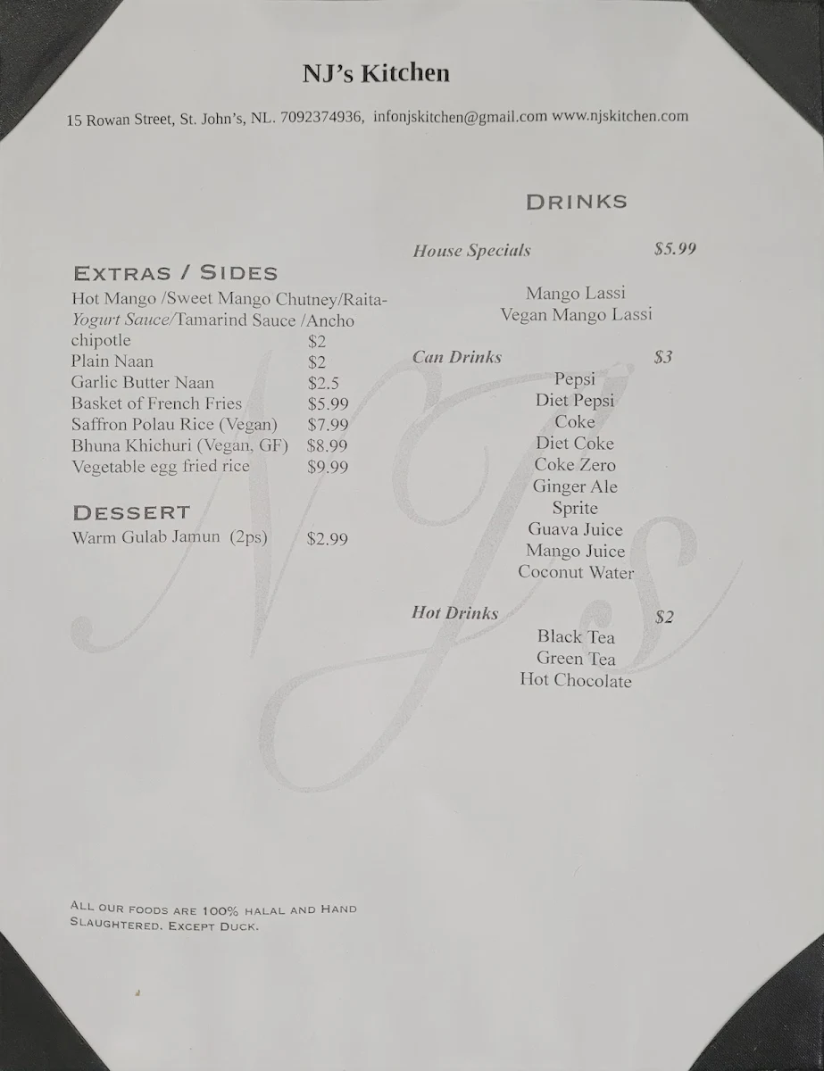 Menu, NJ's Kitchen Bangladeshi Restaurant