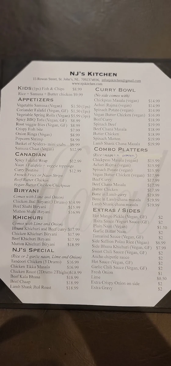 Menu, NJ's Kitchen Bangladeshi Restaurant