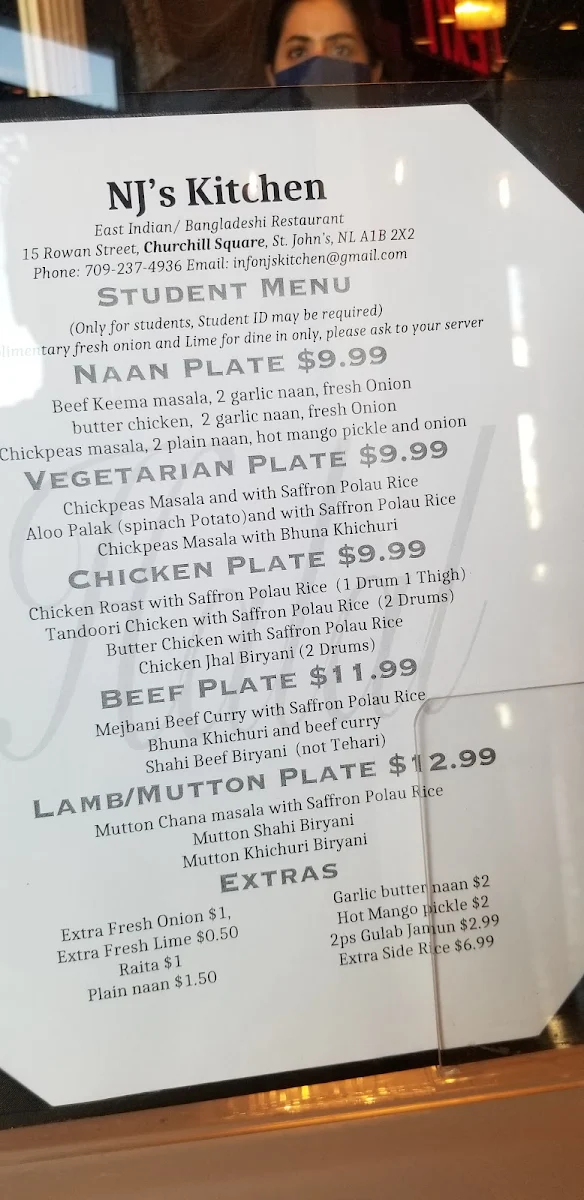 Menu, NJ's Kitchen Bangladeshi Restaurant