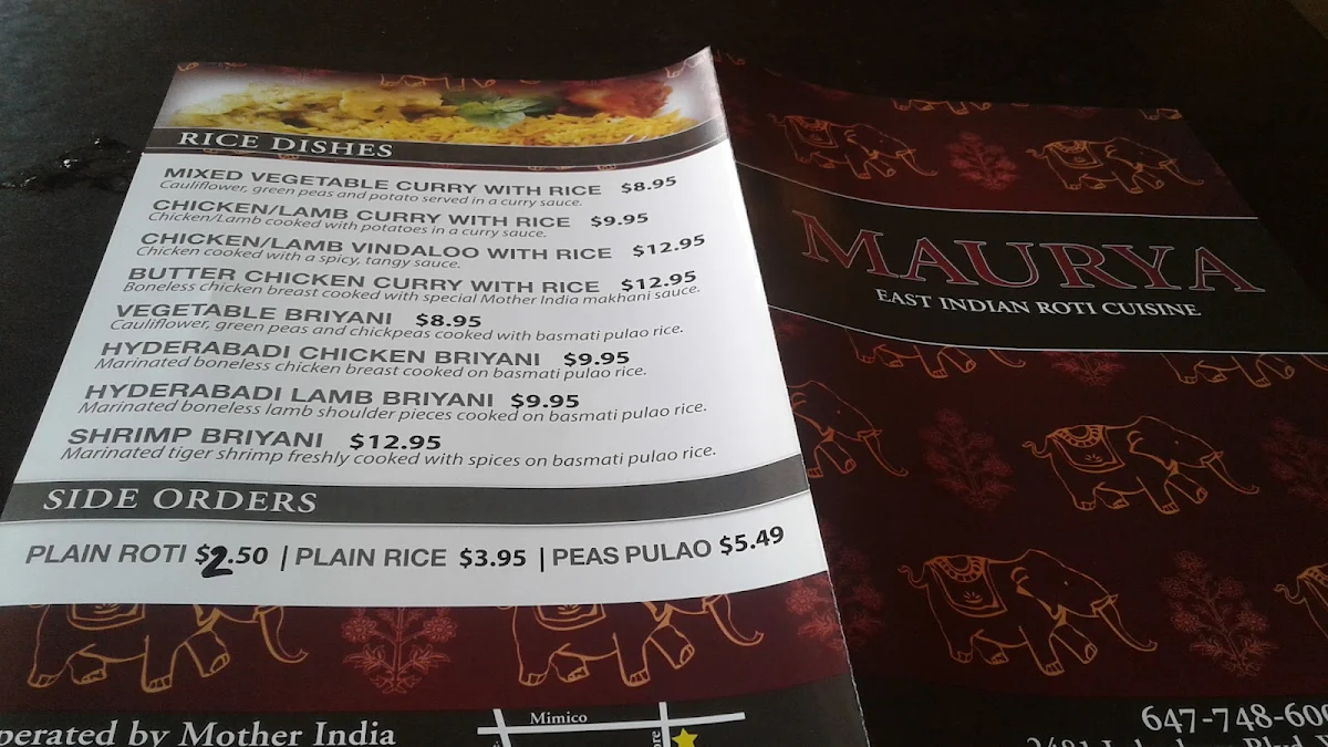 Menu, Maurya East Indian Roti (Lakeshore)