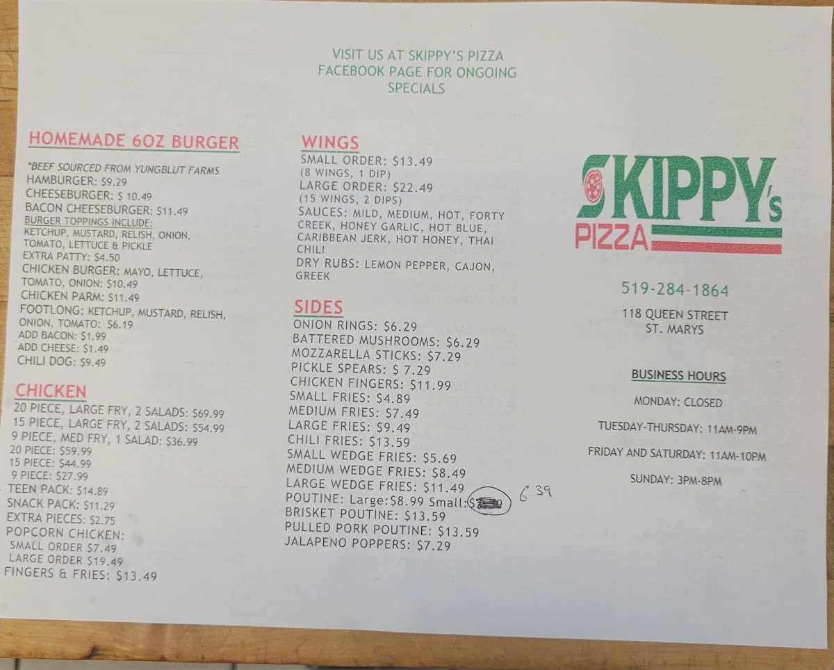 Menu, Skippy's Pizza